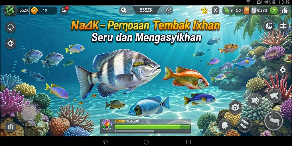 Tangkapan layar gameplay seru dalam 555ZK, menunjukkan aksi tembak ikan.
