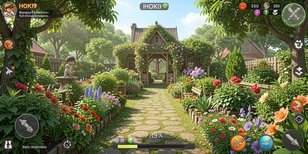 Gameplay HOKI9 menunjukkan petani yang sedang merawat tanaman di kebun.