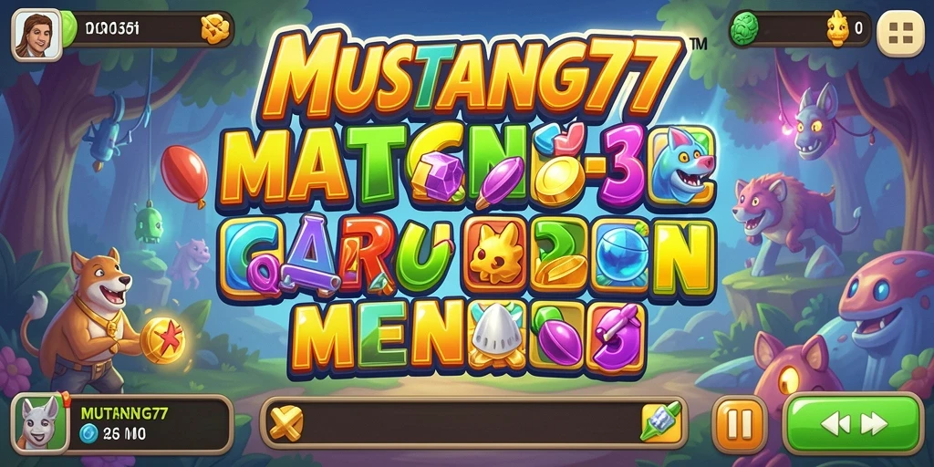 Screenshot gameplay MUSTANG77 menampilkan kombinasi warna-warni item Match-3.