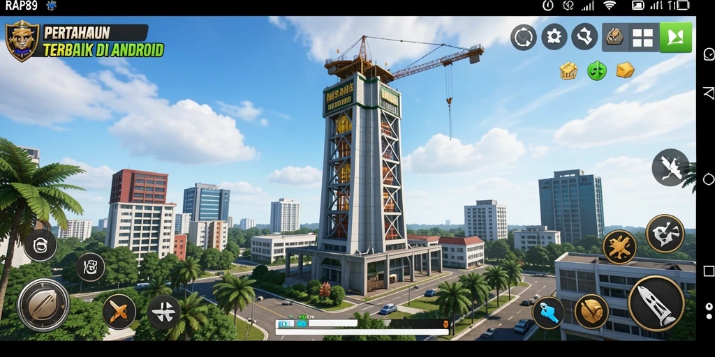 Screenshot RAP89 menampilkan aksi menara saat bertarung melawan gelombang musuh.