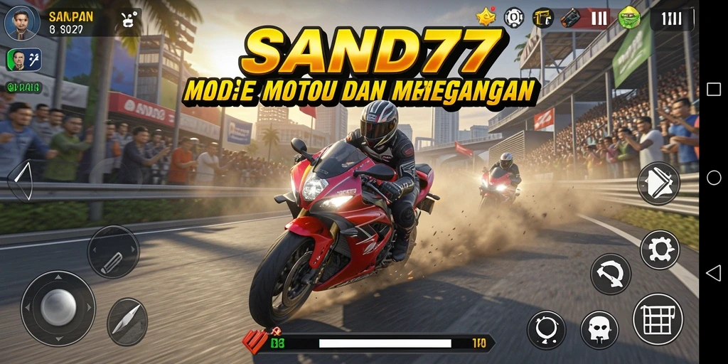Tampilan menarik dari gameplay SAND77 dengan berbagai motor dan lintasan balap.