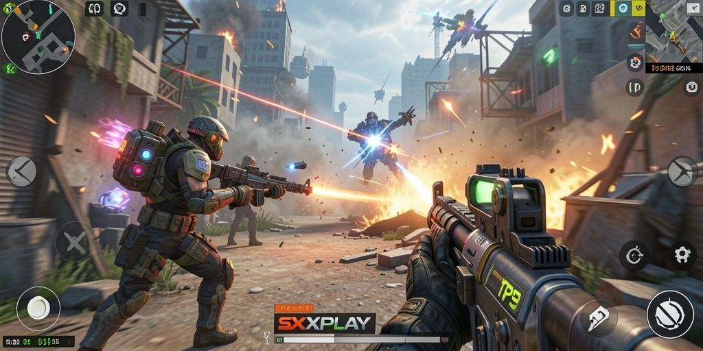 Gambaran gameplay intens dari SXXPLAY dalam pertarungan TPS.